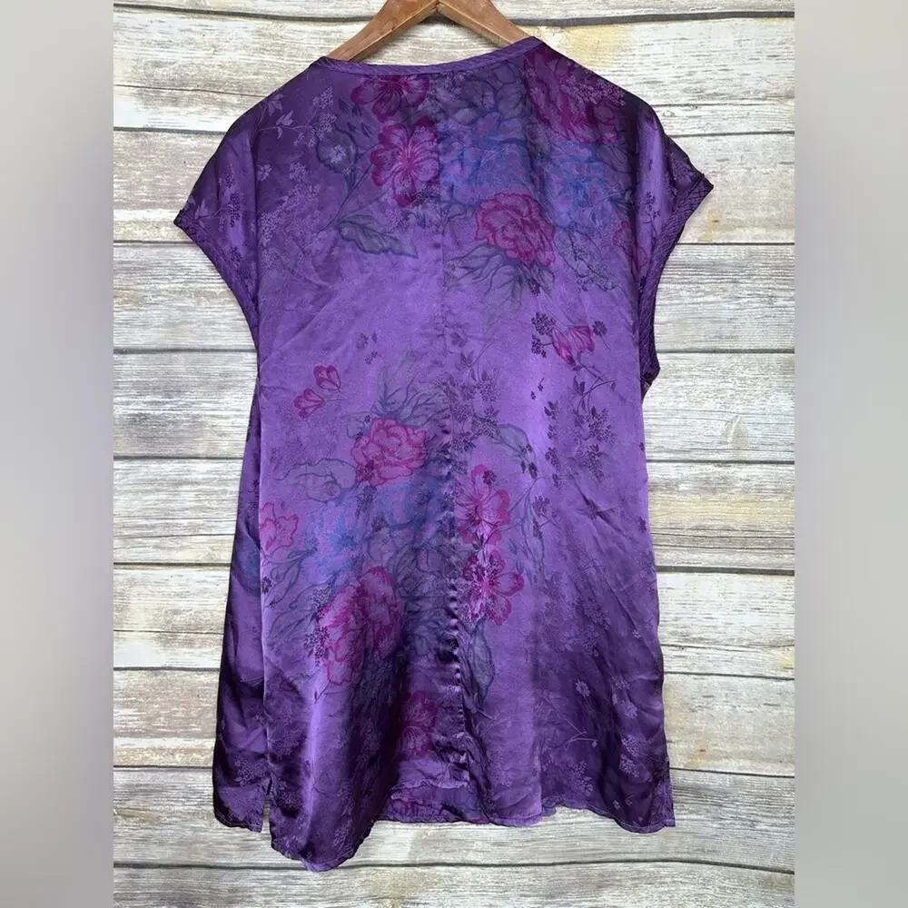 URU Purple Satin Silk V-Neck Sleep Set - Women's Two-Piece Loungewear L